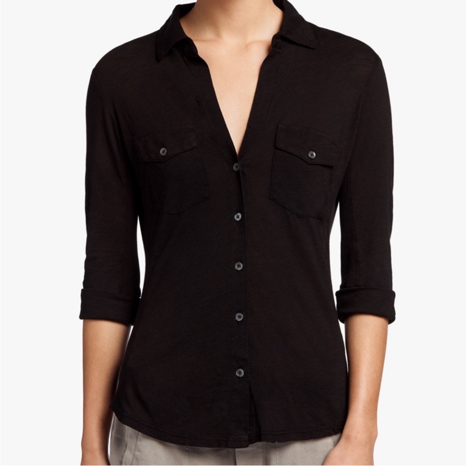 James Perse Black Button Down 3/4 Sleeve Shirt